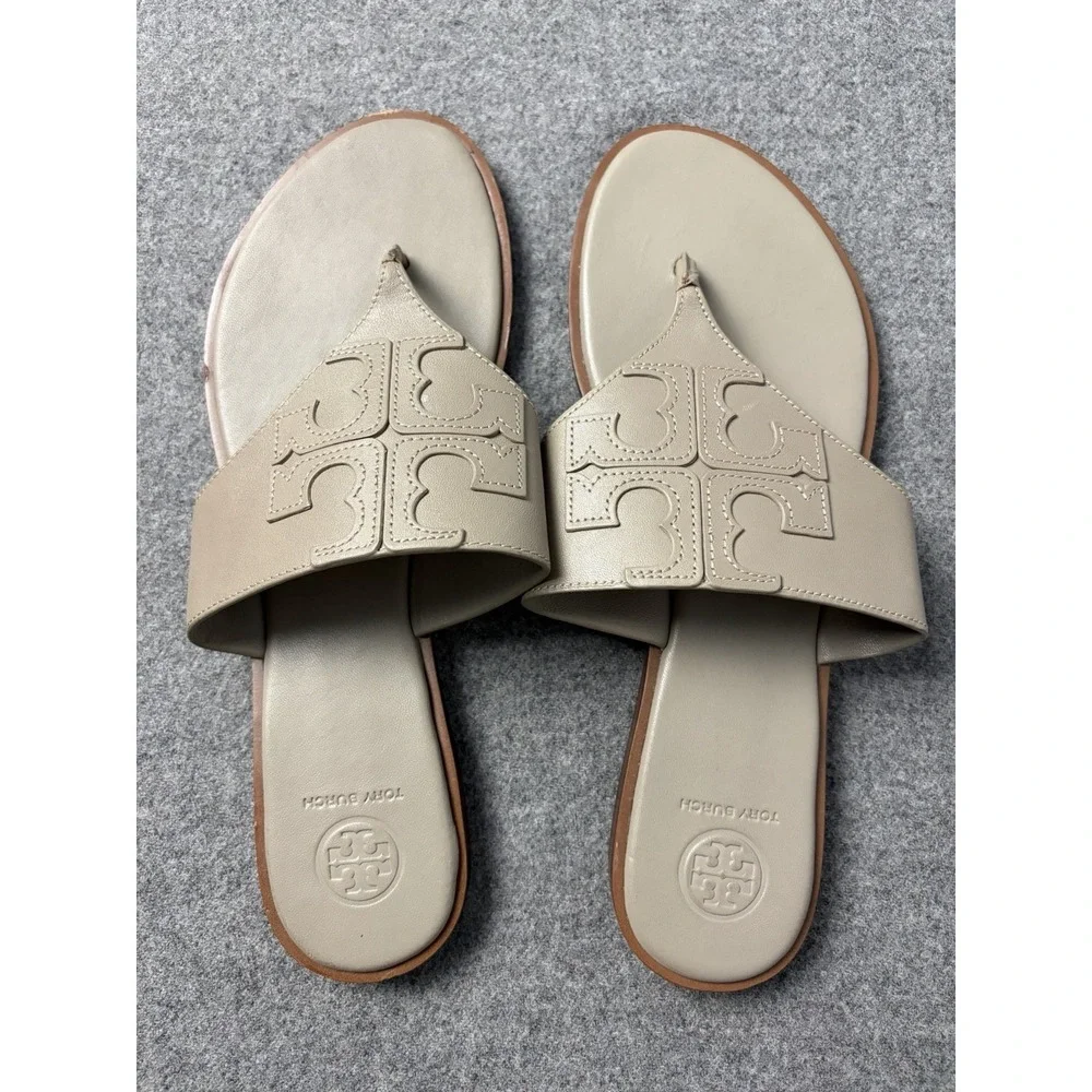 Tory Burch Womens Leather Thong Sandals Taupe Beige Size 8M Embossed Logo